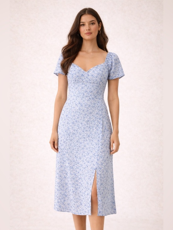 Reformation Dresses & Skirts - Reformation Blue Floral Midi Dress Size 14 Puff Sleeve Smocked Back